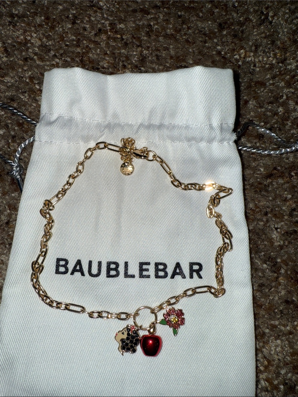 BaubleBar Gold Charm Necklace with Red Apple and Pink Floral Accents